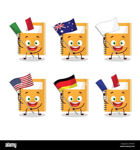 Orange Study Book Cartoon Character Bring The Flags Of Various