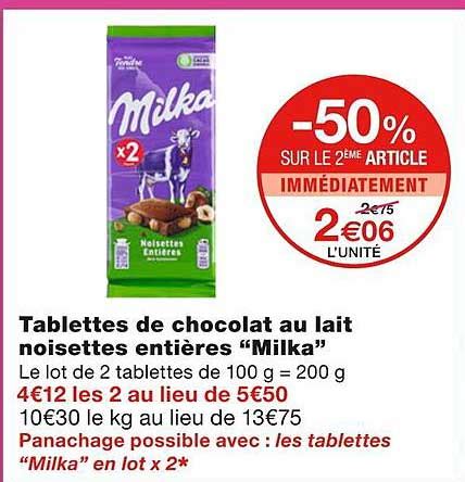 Promo Tablettes De Chocolat Au Lait Noisettes Enti Res Milka Chez