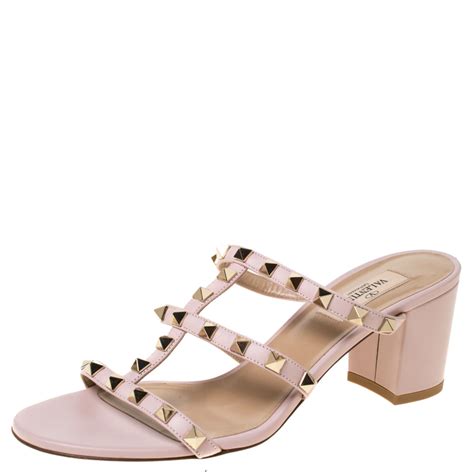 Valentino Light Pink Leather Rockstud Caged Slide Sandals Size 38