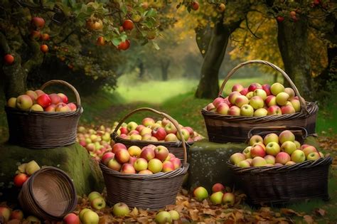 Premium Ai Image Baskets Filled With Apples In An Apple Orchard