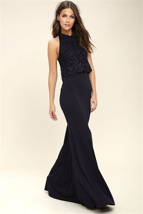 Sociable Navy Blue Lace Halter Maxi Dress Maxi Dress Formal Black