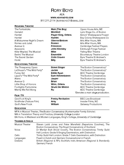 Rory Boyd Resume Pdf Musical Theatre Theatre