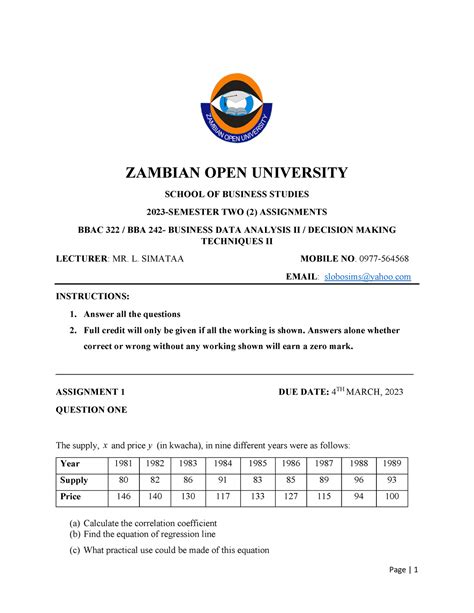 2023 1 BBAC 322 A1 - Practice materials - ZAMBIAN OPEN UNIVERSITY SCHOOL OF BUSINESS STUDIES ...