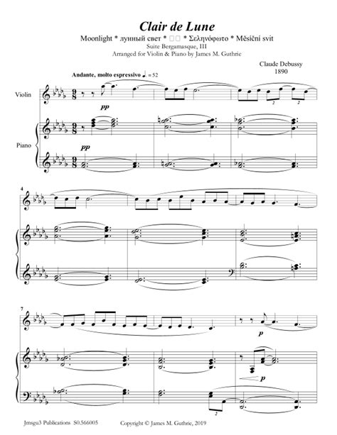 Debussy Claire De Lune For Violin Piano Sheet Music Claude Debussy