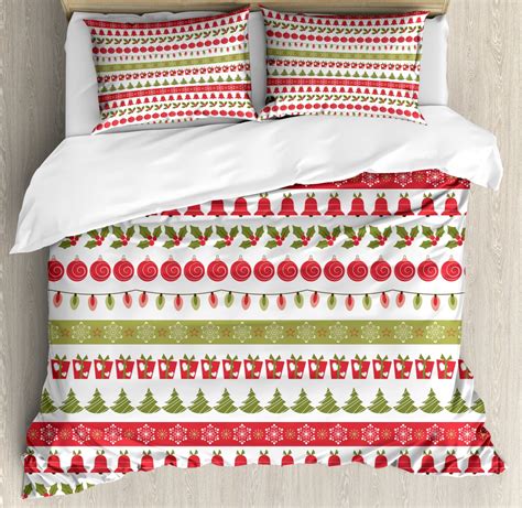 Christmas Queen Size Duvet Cover Set December Holiday Pattern Baubles Trees Flowers New Year