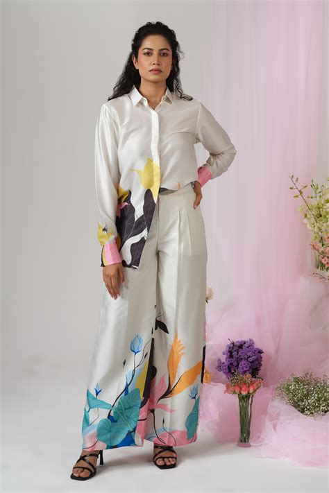 Buy White Satin Silk Print Floral Collared Neck Shirt With Pant For