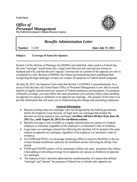 Fillable Online Opm Benefits Administration Letter On Coverage Of Same Sex Spouses Opm Fax
