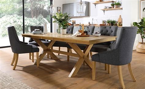 Grange Extending Dining Table And 8 Duke Chairs Natural Oak Veneer And Solid Hardwood Slate Grey