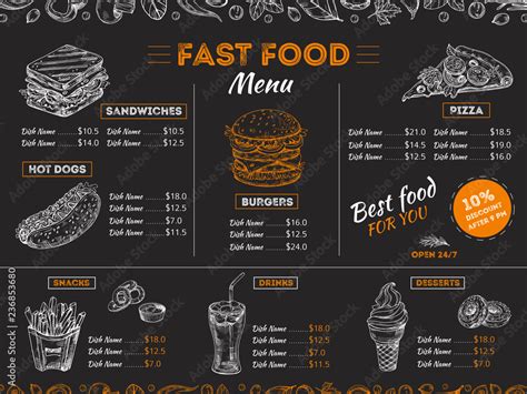 Fast Food Menu Sketch Sandwich Burger Pizza Snacks Vintage Design On