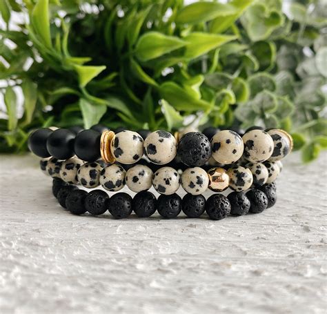 Dalmatian Jasper Black Onyx Gemstone Bead Bracelet Set Lava Etsy