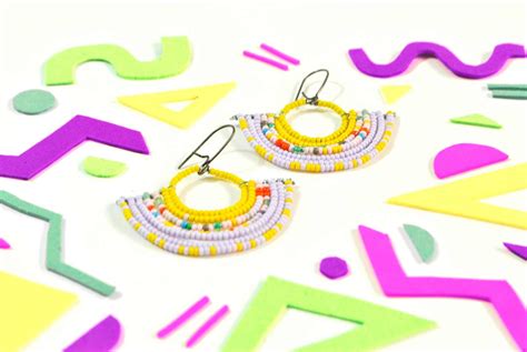 Colorful Geometric Beaded Fan Earrings With Yellow And Etsy