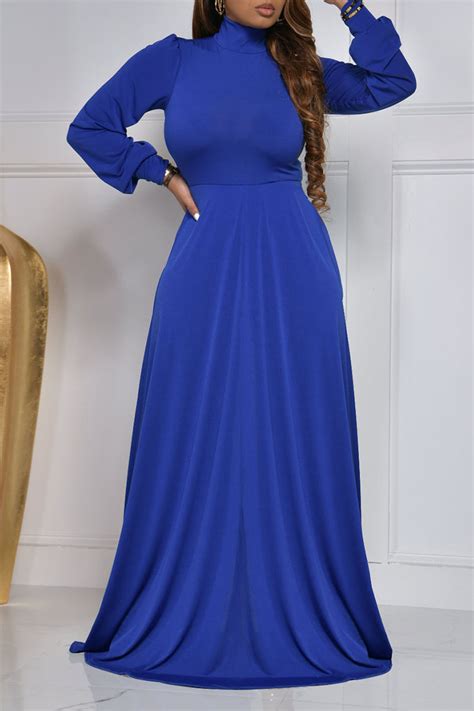 Wholesale Blue Casual Elegant Solid Patchwork Turtleneck Long Sleeve Dresses K60866 3 Online