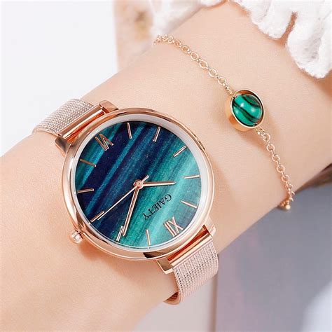 Gaiety Luxury 2 Pcs Set Watch Women Rose Gold Water Drill Bracelet