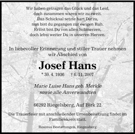 Traueranzeigen Von Josef Hans Saarbruecker Zeitung Trauer De