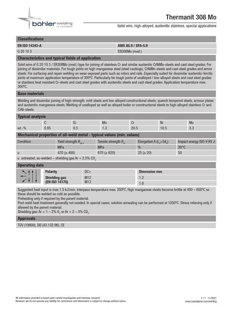 Thermanit 308 Mo 1SE3A00G 3407112 EN | PDF | Steel | Stainless Steel