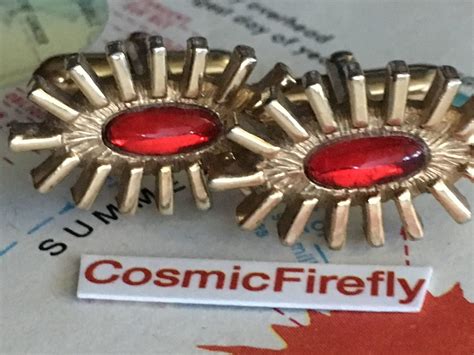 1950 S Vintage Atomic Cufflinks Steampunk Space Age Red Jewel Starburst