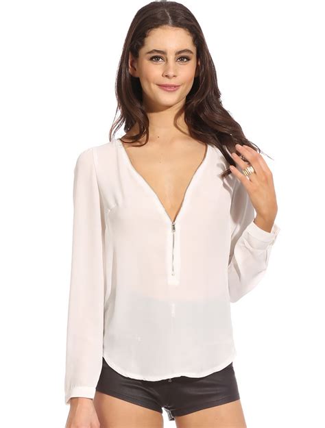 Love This Top Chiffon With A Front Zip Blusas Femininas Blusa De Chiffon Branco Camisas