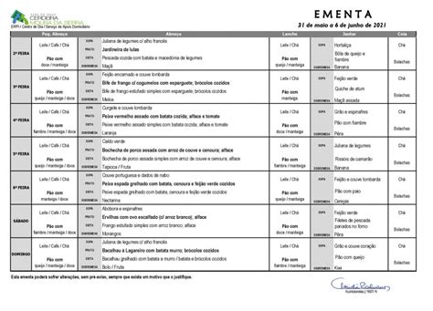 Ementa Semanal Casa Povo De Cerdeira