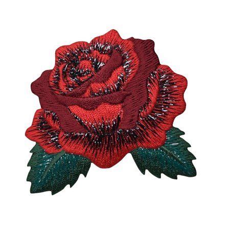 Red Rose With Open Petals Iron On Applique Embroidered Patch White