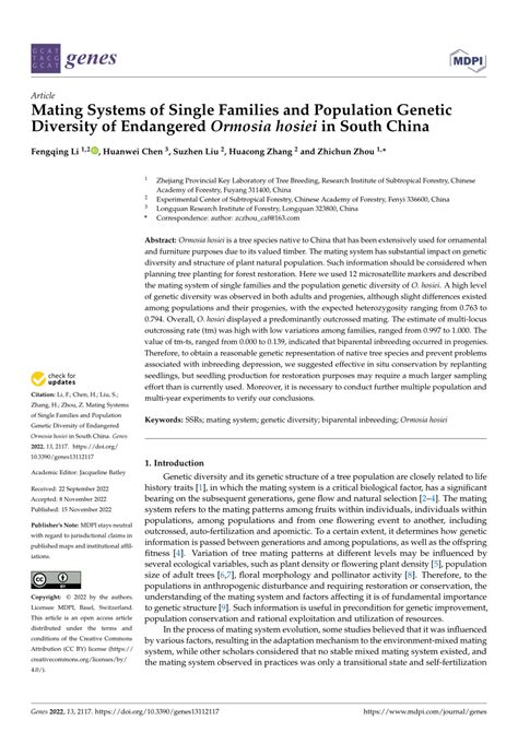 PDF Mating Systems Of Single Families And Population Genetic