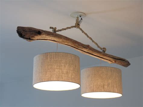 Lustre En Bois Flott Abat Jours Lin Cm Plafonnier Double