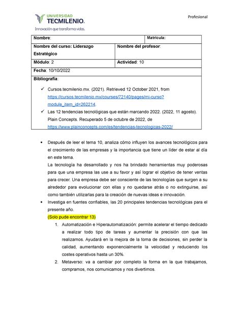 Actividad 10 Liderazgo Estrategico Profesional Nombre Matrícula