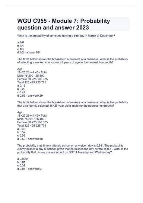 WGU C955 Module 7 Probability Question And Answer 2023 Wgu Stuvia US