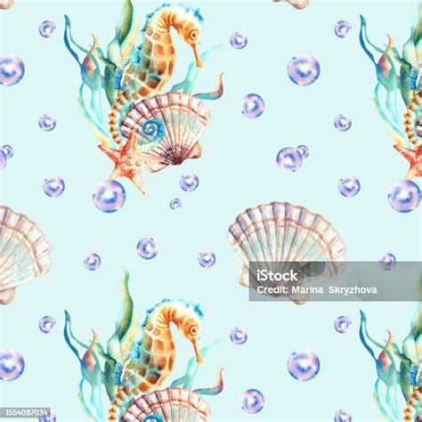 해양 동물의 원활한 패턴입니다 조개 해마 해초 불가사리 수채화 그림입니다 배경 콜라주 0명에 대한 스톡 벡터 아트 및 기타