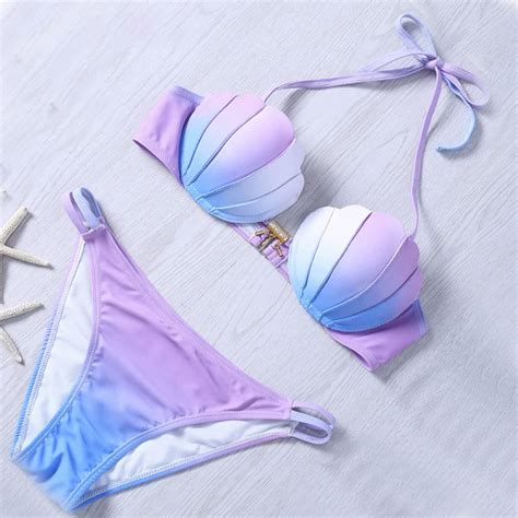 Mermaid Shell Bra Push Up Two Piece Suit Swimwear Gradient Color Beachwear Sexy Bikinis Set