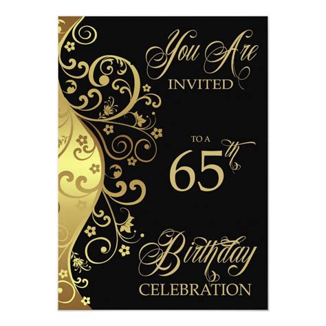 a black and gold 65th birthday party card with swirls, flowers and scrolls