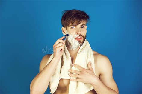 Man With Naked Torso Shaving Beard With Safety Razor Stock Image Image Of Beauty Hair