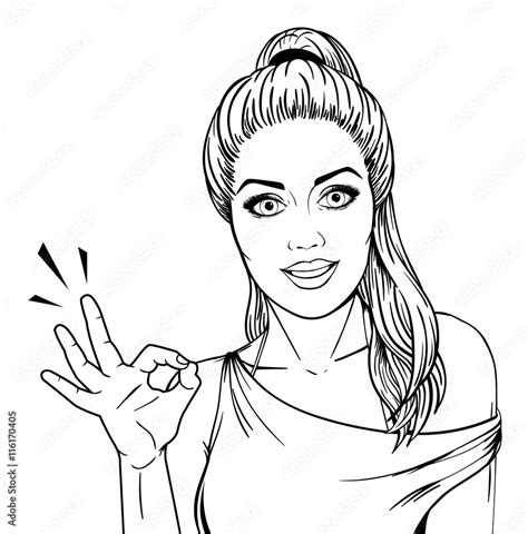 Woman Showing Ok Hand Sign Line Art Comic Sketch Isolated On White