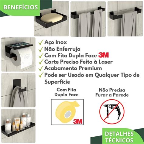 Kit Acessórios Para Banheiro Adesivo 7 Peças Preto ELG