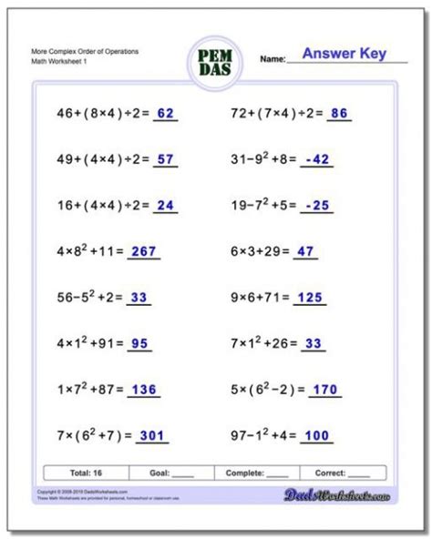 Order Of Operation Worksheets Grade