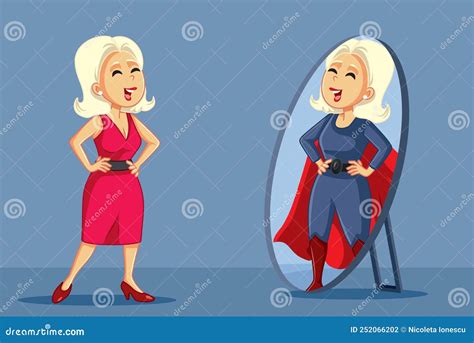 Woman Looking In The Mirror Seeing A Superhero Vector Cartoon Stock Vector Illustration Of