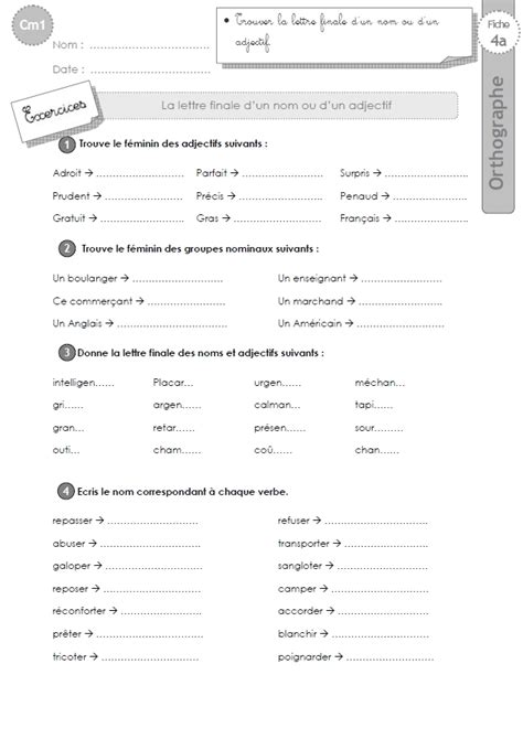 Cm Exercices La Lettre Finale Muette D Un Nom Ou D Un Adjectif