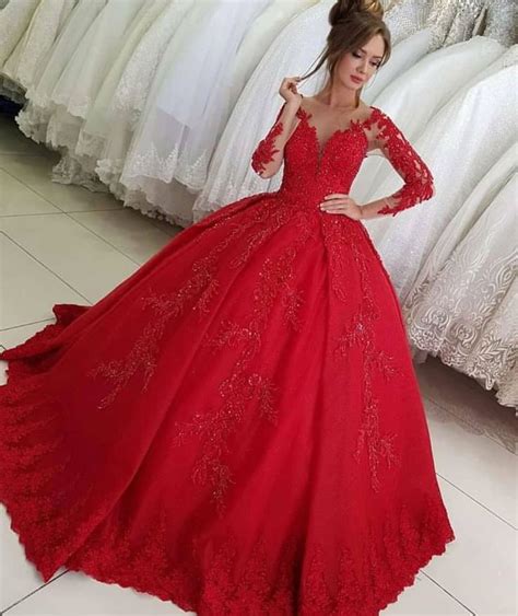 Luxus Rote Hochzeitskleider mit Ärmel Brautkleider Prinzessin Spitze