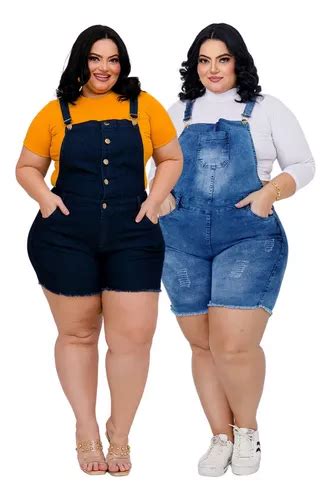 Kit 2 Macaquinho Jardineira Jeans Plus Size Feminino Lycra