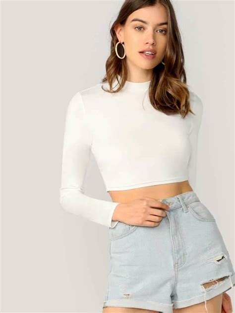 Mock Neck Solid Crop Top Crop Tops Slimming Tops Fashion