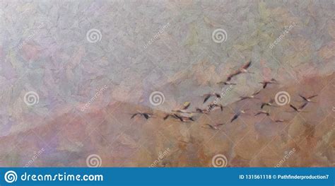 Painting of Flamingos Migration from Lake Stock Illustration ...