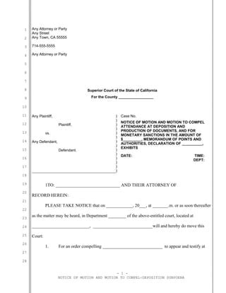 Sample Motion To Compel Deposition Subpoena In California Pdf