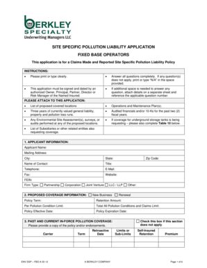 Fillable Online SITE SPECIFIC POLLUTION LIABILITY APPLICATION Fax Email