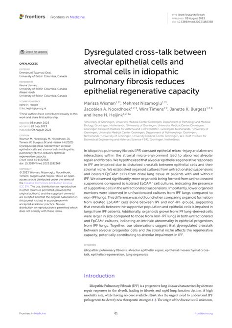 Pdf Dysregulated Cross Talk Between Alveolar Epithelial Cells And