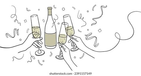 Continuous Line Yellow Champagne Cheers One Stock Vector Royalty Free