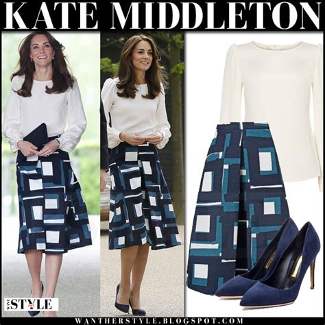 Kate Middleton In White Blouse And Blue Geometric Print Midi Skirt At Olympic Park On May 16 ~ I