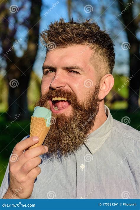 Man With Long Beard Enjoy Ice Cream Close Up Bearded Man With Ice