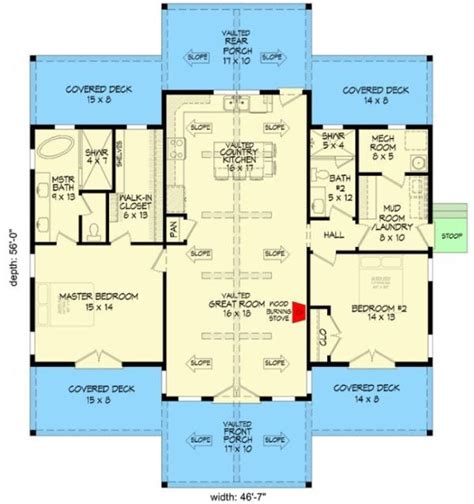 2 Bedroom Single Story Rustic Cabin House Plan With Vaulted Interior Floor Plan