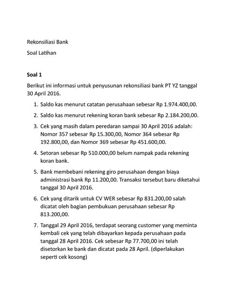 Latihan Soal Rekonsiliasi Bank Rekonsiliasi Bank Soal Latihan Soal