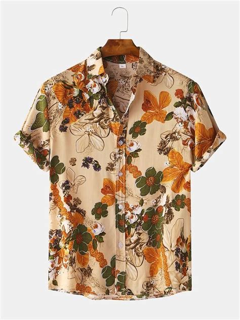 Men Vintage Floral Turn Down Collar Short Sleeve Shirts Vintage Men