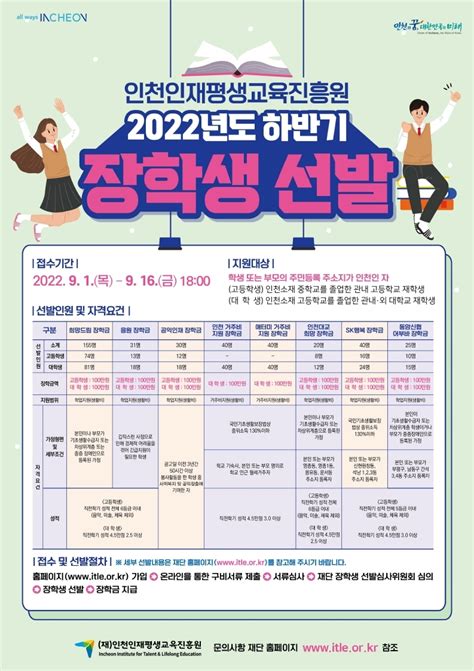 2022년 재인천인재평생교육진흥원 하반기 장학생 선발 안내 원광대학교 두렷한 통합과 혁신